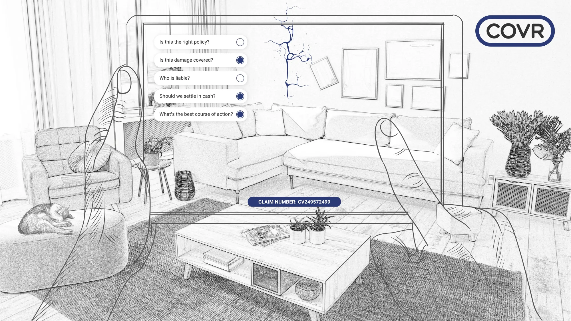 A sketched living room with the COVR decision panel over it: is this the right policy, is this damage covered, who is liable, should we settle in cash, what is the best course of action.